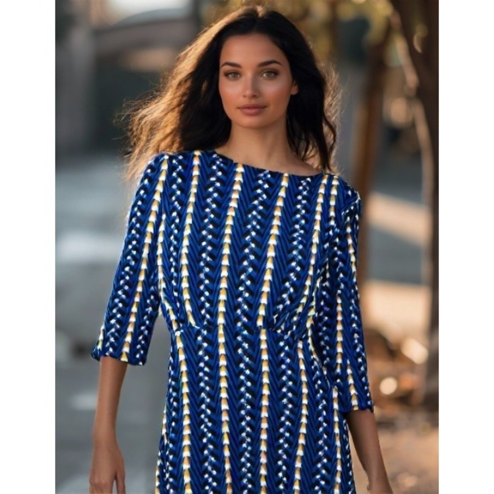 The Odells Midi Dress Size Large Marjorie Blue Geometric Print Flare Sleeve EUC